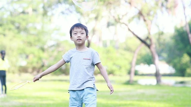 欢快的蹒跚学步的小男孩在公园里玩肥皂泡视频素材