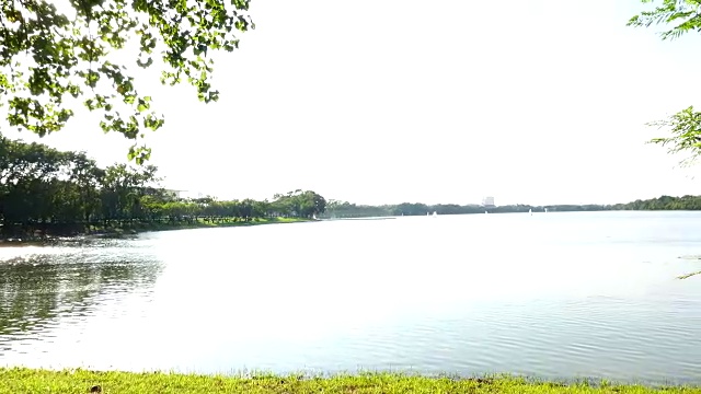 海岸边的草和水面背景美丽的河流与波浪地平线表面纹理视图。视频素材