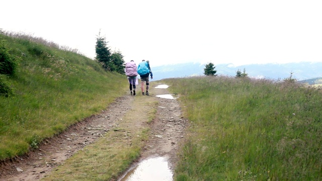 一群背着背包的徒步旅行者沿着一条小径走向一座山脊视频素材