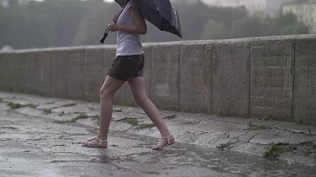 孤独的女孩撑着伞走在雨天的街道上，慢镜头视频素材