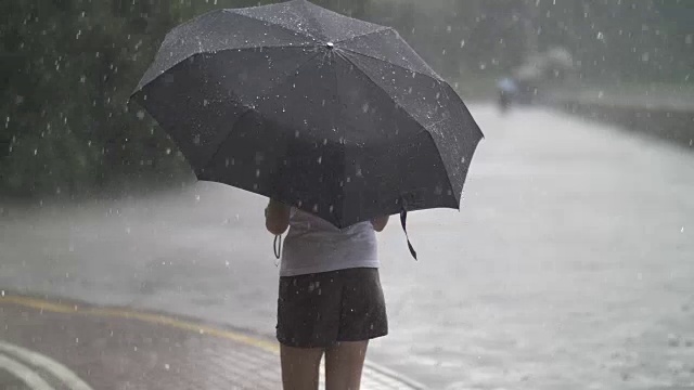 孤独的女孩在雨天撑着伞走在街上，在户外视频素材