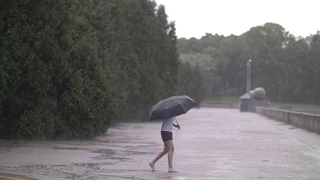 孤独的女孩在雨天撑着伞走在街上，在户外视频素材