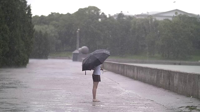 孤独的女孩在雨天撑着伞走在街上，在户外视频素材