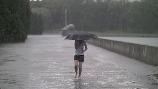 孤独的女孩在雨天撑着伞走在街上，在户外视频素材