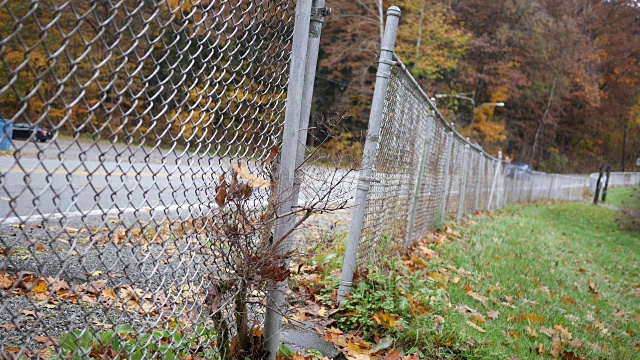 在秋天，沿着一条有着前景的铁链栅栏大门的乡村道路交通视频素材