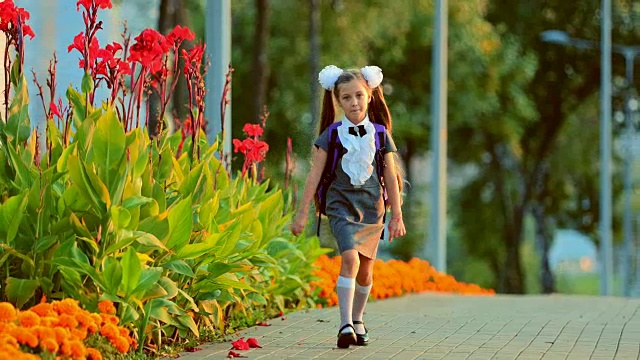 一个穿着裙子的小学生在公园的人行道上跳视频素材