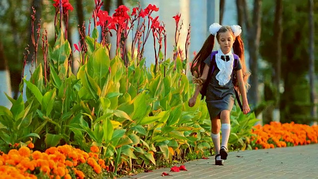 日落时分，一名小学生在公园里的花丛旁的人行道上跳跃视频素材