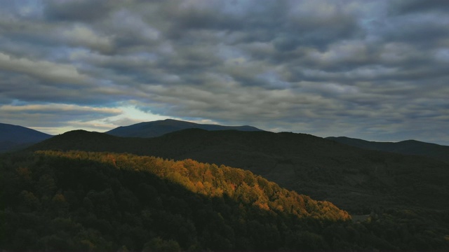 在夕阳柔和的光线下飞过秋山和森林。喀尔巴阡山脉，乌克兰，欧洲。视频素材