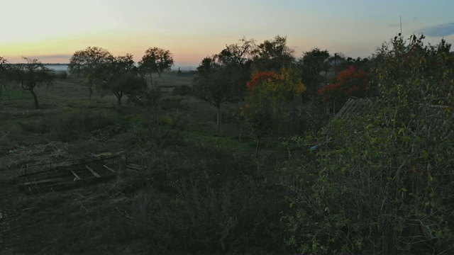 美丽的景色在日落时在田野在收获季节视频素材