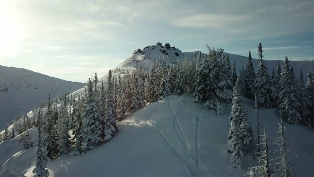 无人机上的滑雪者滑雪在雪山上排成一条线。视频素材