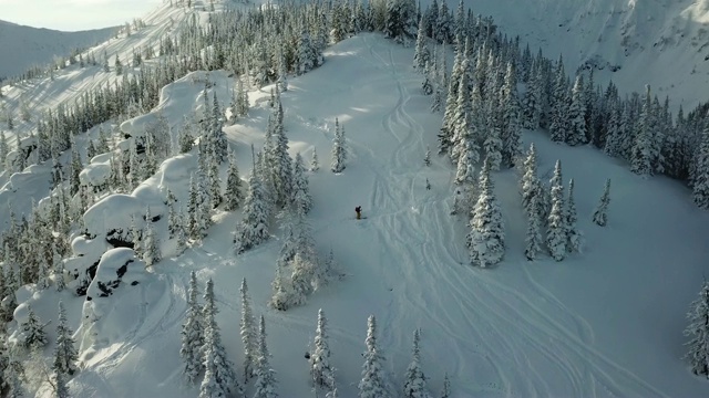 无人机上的滑雪者滑雪在雪山上排成一条线视频素材