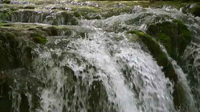 清新的泉水瀑布在山区森林。视频素材