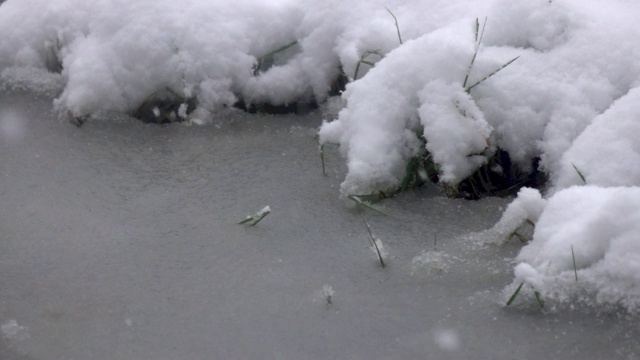 雪落入冰冻的水中。视频素材