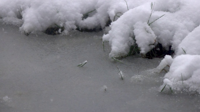 雪落入冰冻的水中。视频素材