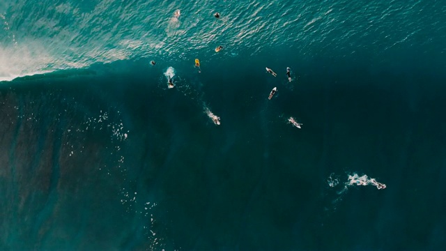 冲浪者和蓝色桶波在海洋的鸟瞰图。前视图。冲浪和海浪视频素材