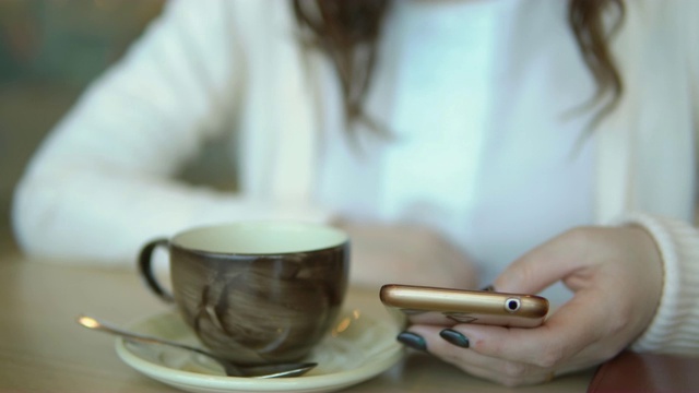 咖啡店里一个拿着手机的黑发女人视频素材