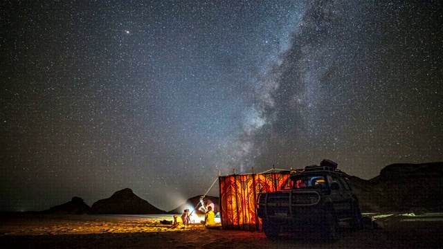 在埃及白沙沙漠露营时，银河穿越夜空的时间流逝电影视频素材