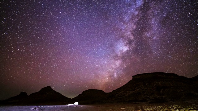 在埃及白沙沙漠露营时，银河穿越夜空的时间流逝电影视频素材