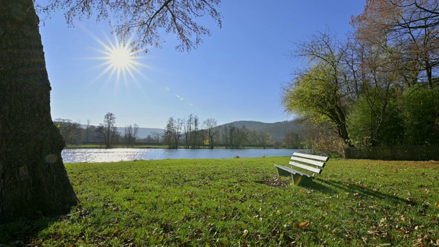 德国巴伐利亚州Spessart, Collenberg, Untermain, Churfranken, Collenberg河边的长椅和秋天的阳光视频素材