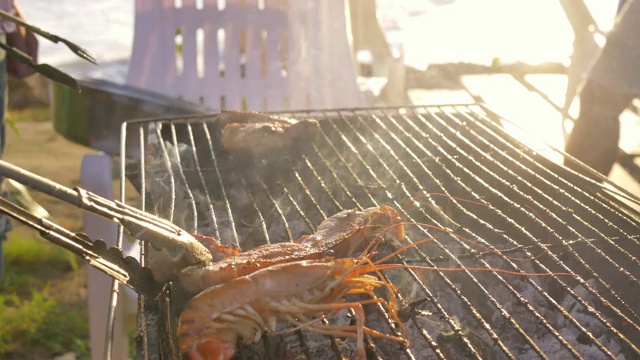 一群朋友在海滩上烧烤猪肉、虾和海鲜聚会活动视频素材