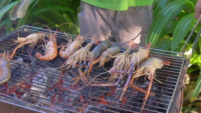 一群朋友在海滩上烧烤猪肉、虾和海鲜聚会活动视频素材