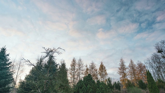 彩色的蓬松的云移动在一个日落的天空在乡村风景的乡村时光流逝。视频素材