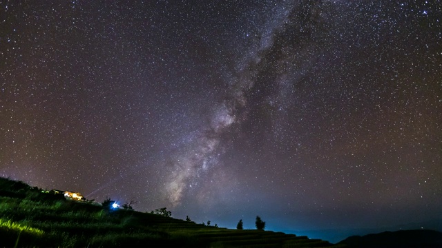 夜空中稻田上小屋上空银河的时间流逝。视频素材