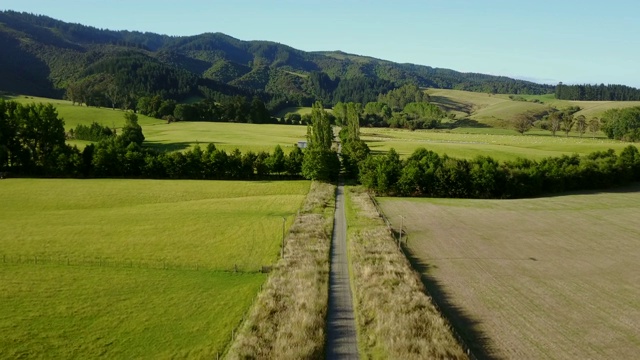 鸟瞰新西兰南岛的乡村道路和绿地，在夏天的山景。视频素材