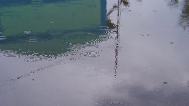 雨水在路面上的运动及水面与建筑外观的反射视频素材