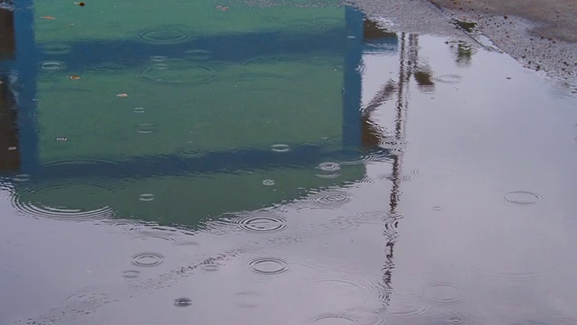 雨水在路面上的运动及水面与建筑外观的反射视频素材