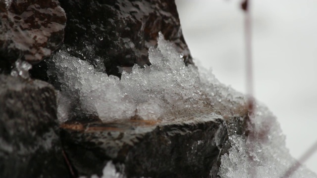 融化的雪在天然石头上。瀑布,冰,水。你好,春天。有选择性的重点。视频素材