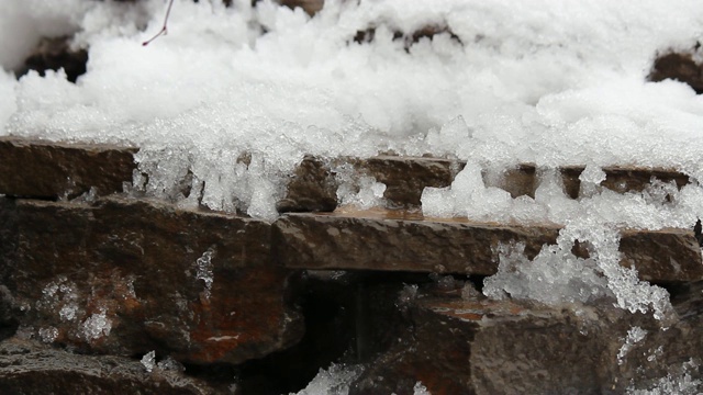 融化的雪在天然石头上。瀑布,冰,水。你好,春天。有选择性的重点。视频下载