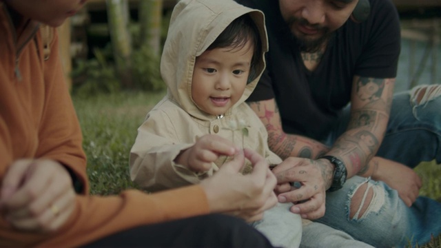 亚洲男婴和他的家人坐在森林的草地上。视频素材