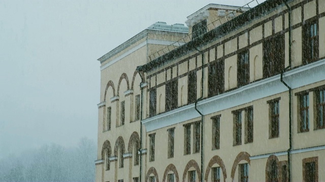 大片雪花落在一座美丽的建筑的背景上，4k。视频素材