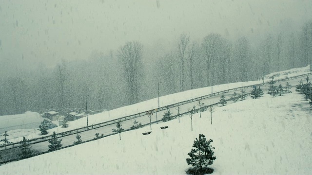 一场大雪俯瞰马路，大雪和暴风雪，4k。视频素材