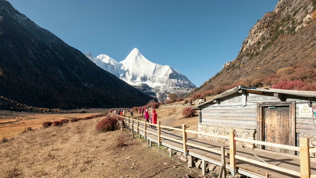 在亚丁自然保护区，西藏人和游客骑着马进入圣地羊迈永视频素材