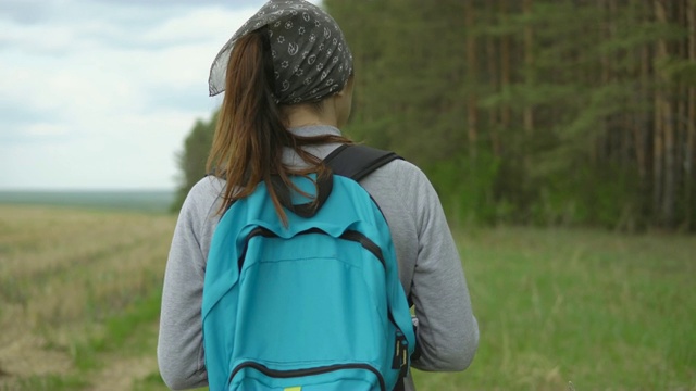 年轻女子背着背包在田野和森林之间徒步旅行视频素材