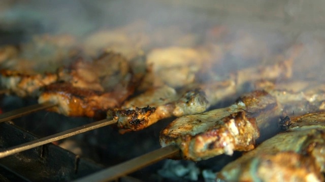 近距离的肉烹饪在炭火上烤肉串视频下载