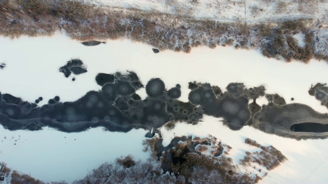 冰冻的河流，空中或俯视图从无人机冬季景观与雪和湖或河在冰视频素材