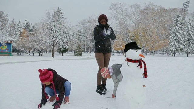 母亲和两个女儿在公园的雪地上玩视频素材