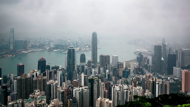 城市景观高角度的香港山顶上拥挤的高楼大厦，时间流逝视频素材