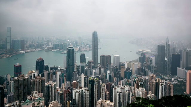 城市景观高角度的香港山顶上拥挤的高楼大厦，时间流逝视频素材