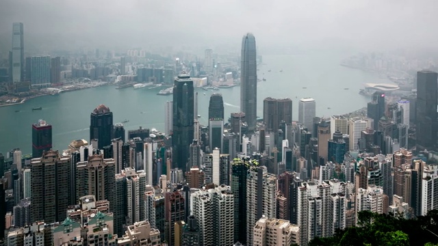 城市景观高角度的香港山顶上拥挤的高楼大厦，时间流逝视频素材