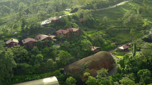 Aerial:在郁郁葱葱的绿色中，在豪华建筑阳台上的浴缸中放松的女人视频素材