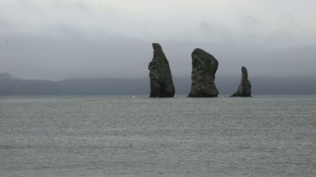 堪察加半岛海景:太平洋上岩石嶙峋的岛屿，风景如画视频素材