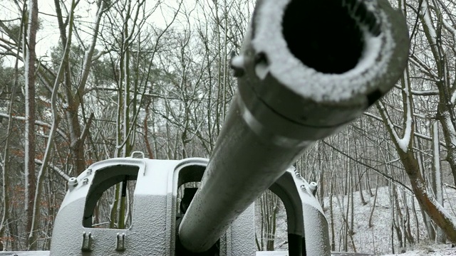 在冬季森林降雪期间旋转大炮视频素材