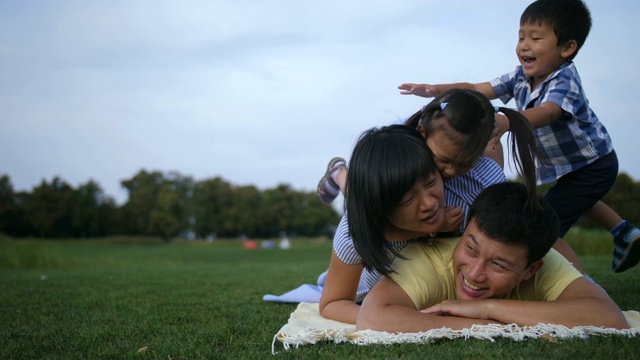 无忧无虑的一家人一起在草地上堆成一堆视频素材