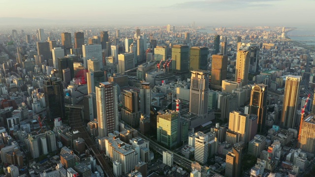 鸟瞰图的大阪市与许多摩天大楼在早上。大阪是日本第二大都市区大阪府的首府。视频素材