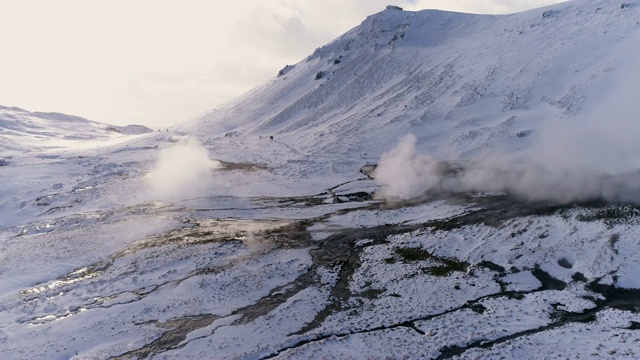 WS风景温泉蒸汽和遥远的冰雪覆盖景观，冰岛视频素材