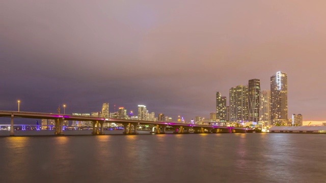 迈阿密市中心城市天际线，麦克阿瑟铜锣湾日落视频素材